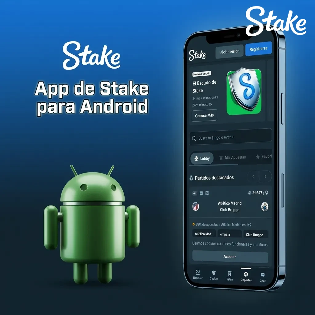 Smartphone Android mostrando la app de Stake lista para descargar gratis, compatible con SO 5.0 o superior