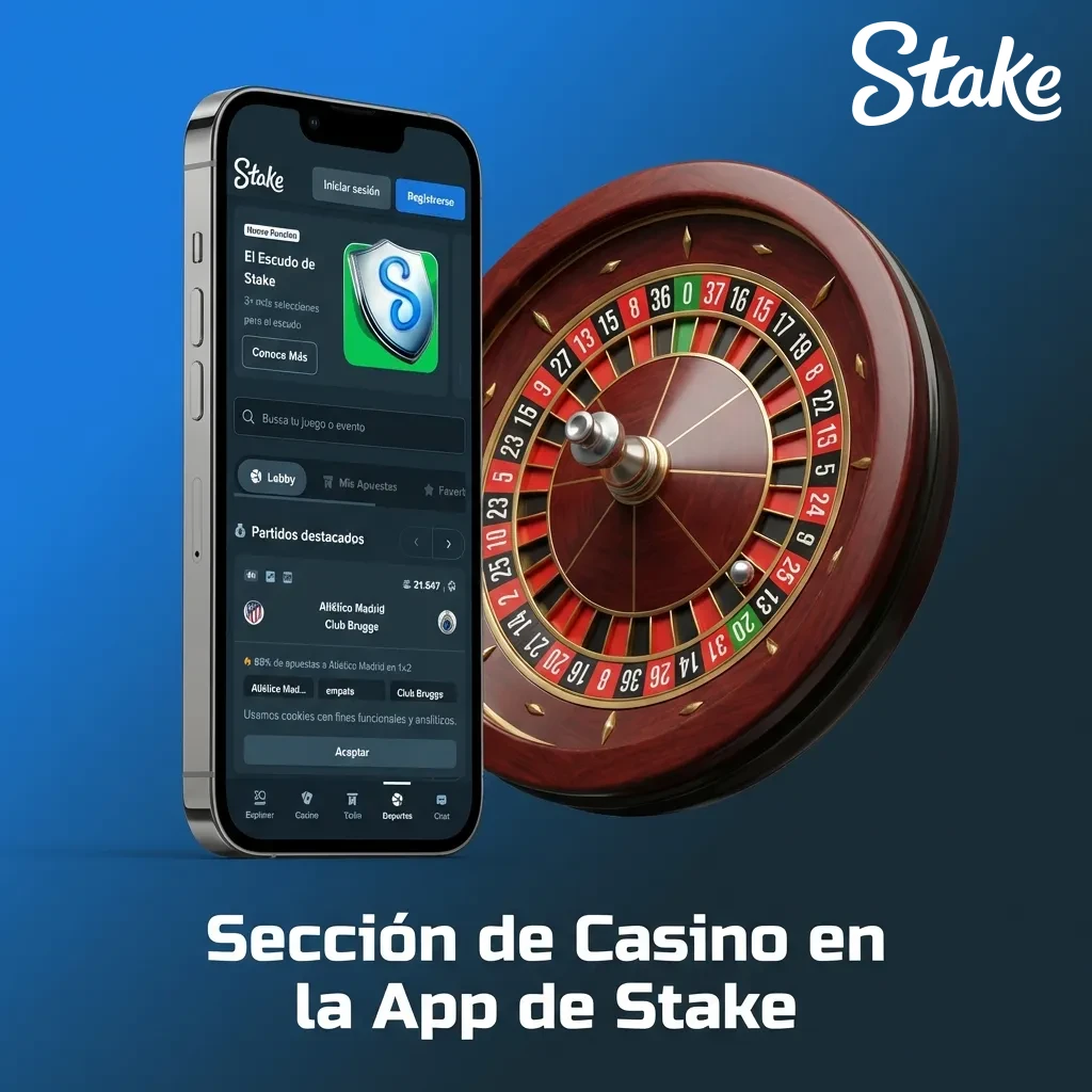 Interfaz de la app de Stake mostrando categorías de casino: slots, mesas, juegos en vivo y opciones de filtrado